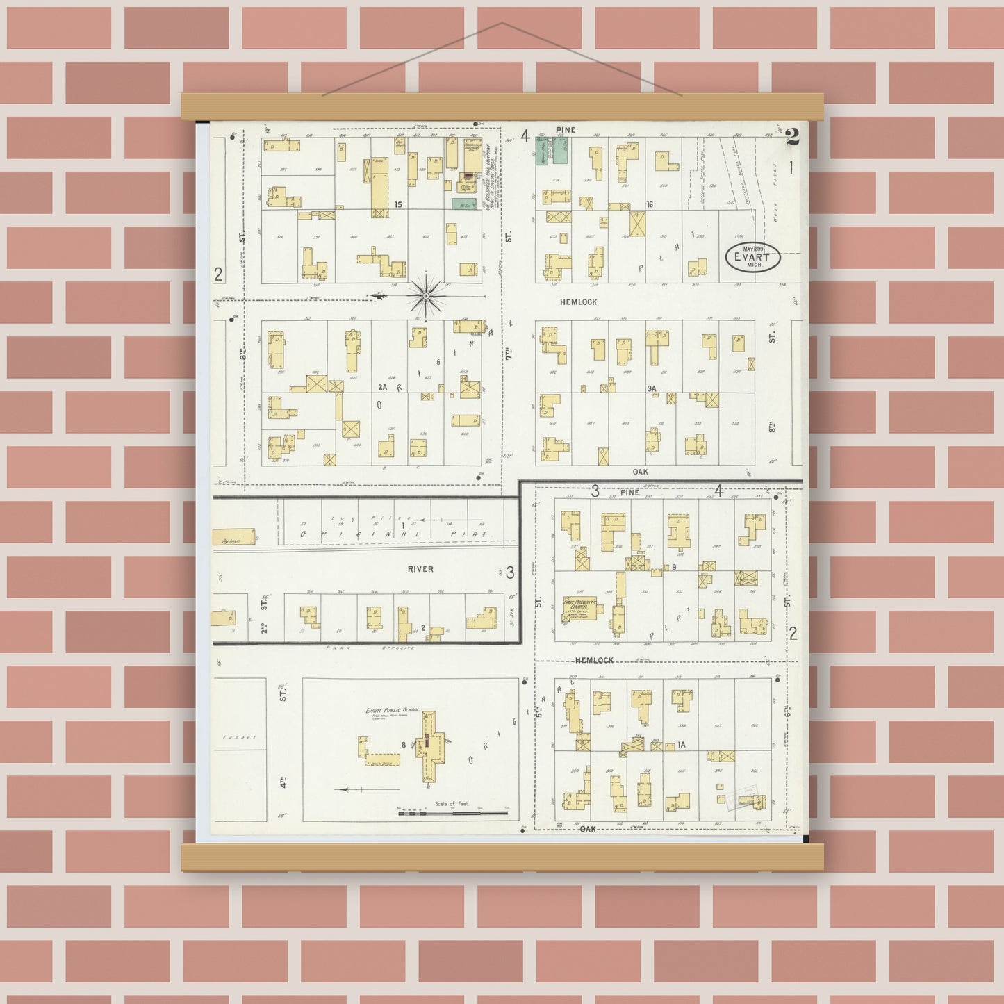 Old map wall art mockup — magnetic wood frame on brick wall — Sanborn Fire Insurance Map from Evart, Osceola County, Michigan (1899), Sheet #0002
