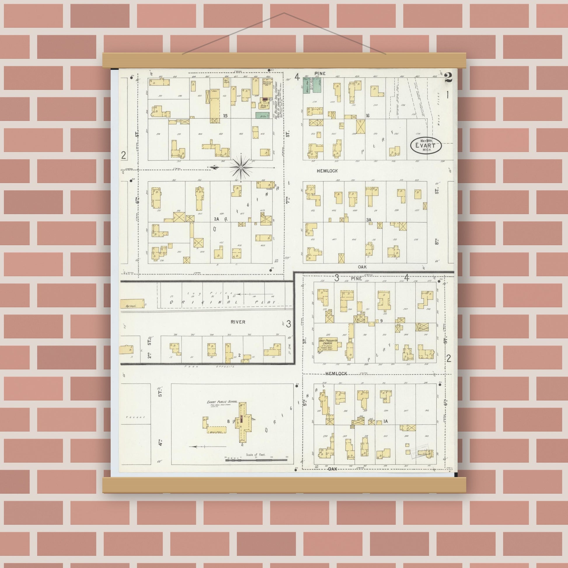 Old map wall art mockup — magnetic wood frame on brick wall — Sanborn Fire Insurance Map from Evart, Osceola County, Michigan (1899), Sheet #0002