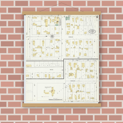 Old map wall art mockup — magnetic wood frame on brick wall — Sanborn Fire Insurance Map from Evart, Osceola County, Michigan (1899), Sheet #0002