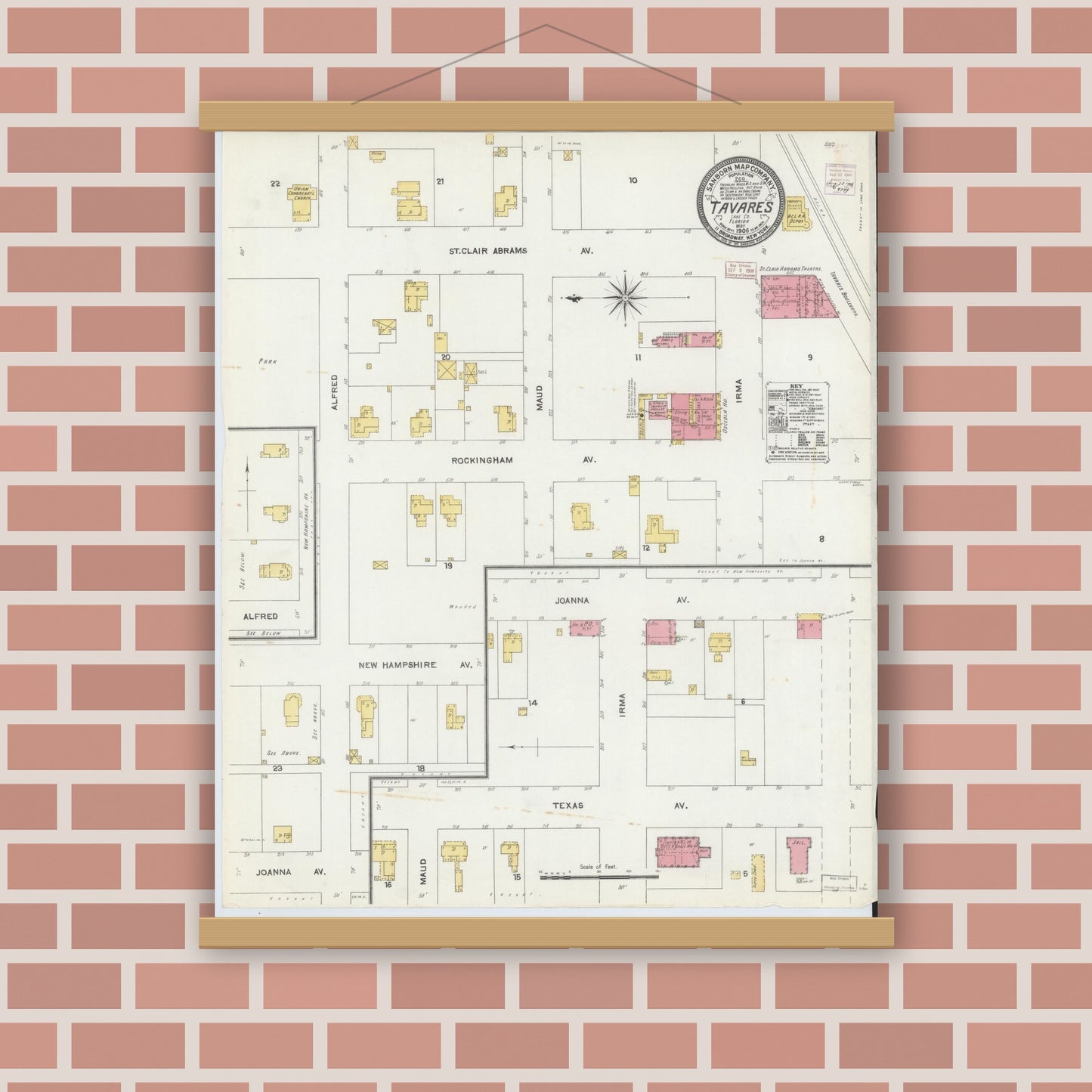 Old map wall art mockup — magnetic wood frame on brick wall — Sanborn Fire Insurance Map from Tavares, Lake County, Florida (1906), Sheet #0001