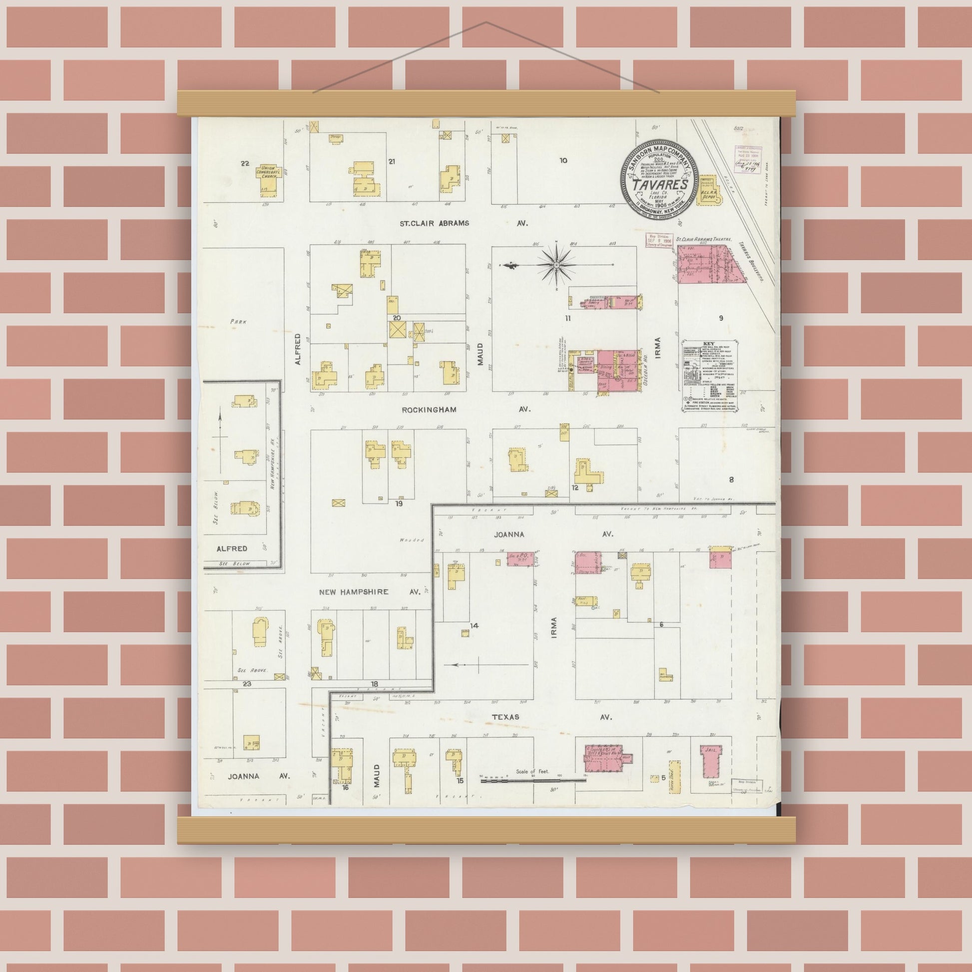 Old map wall art mockup — magnetic wood frame on brick wall — Sanborn Fire Insurance Map from Tavares, Lake County, Florida (1906), Sheet #0001