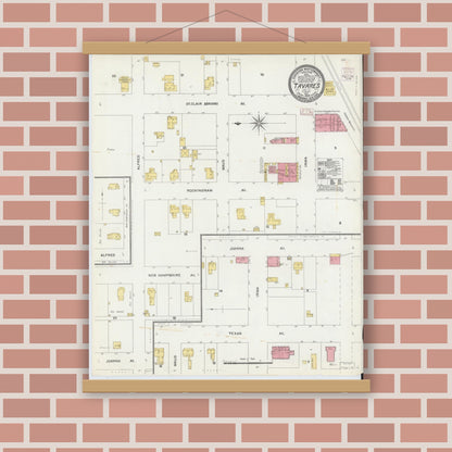 Old map wall art mockup — magnetic wood frame on brick wall — Sanborn Fire Insurance Map from Tavares, Lake County, Florida (1906), Sheet #0001