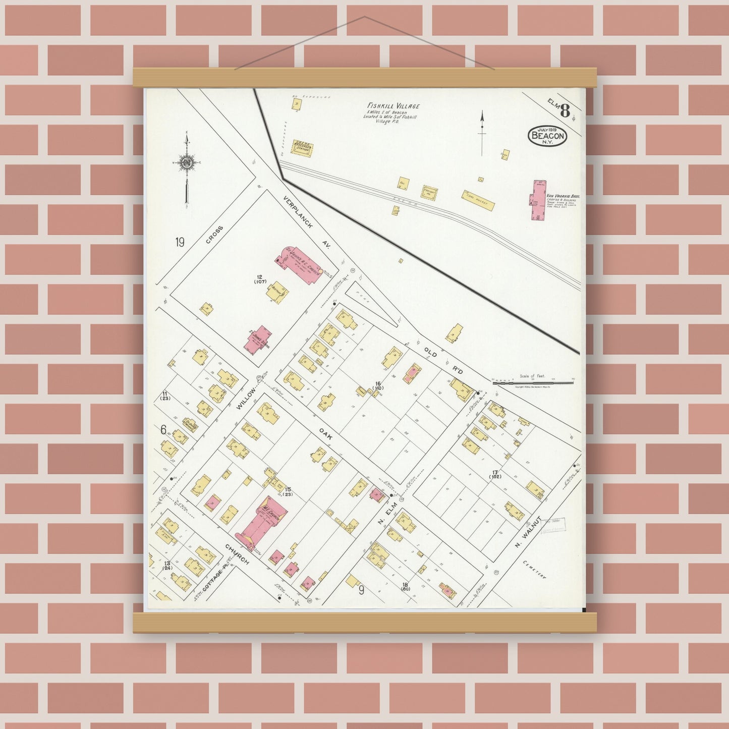 Old map wall art mockup — magnetic wood frame on brick wall — Sanborn Fire Insurance Map from Beacon, Dutchess County, New York (1919), Sheet #0008