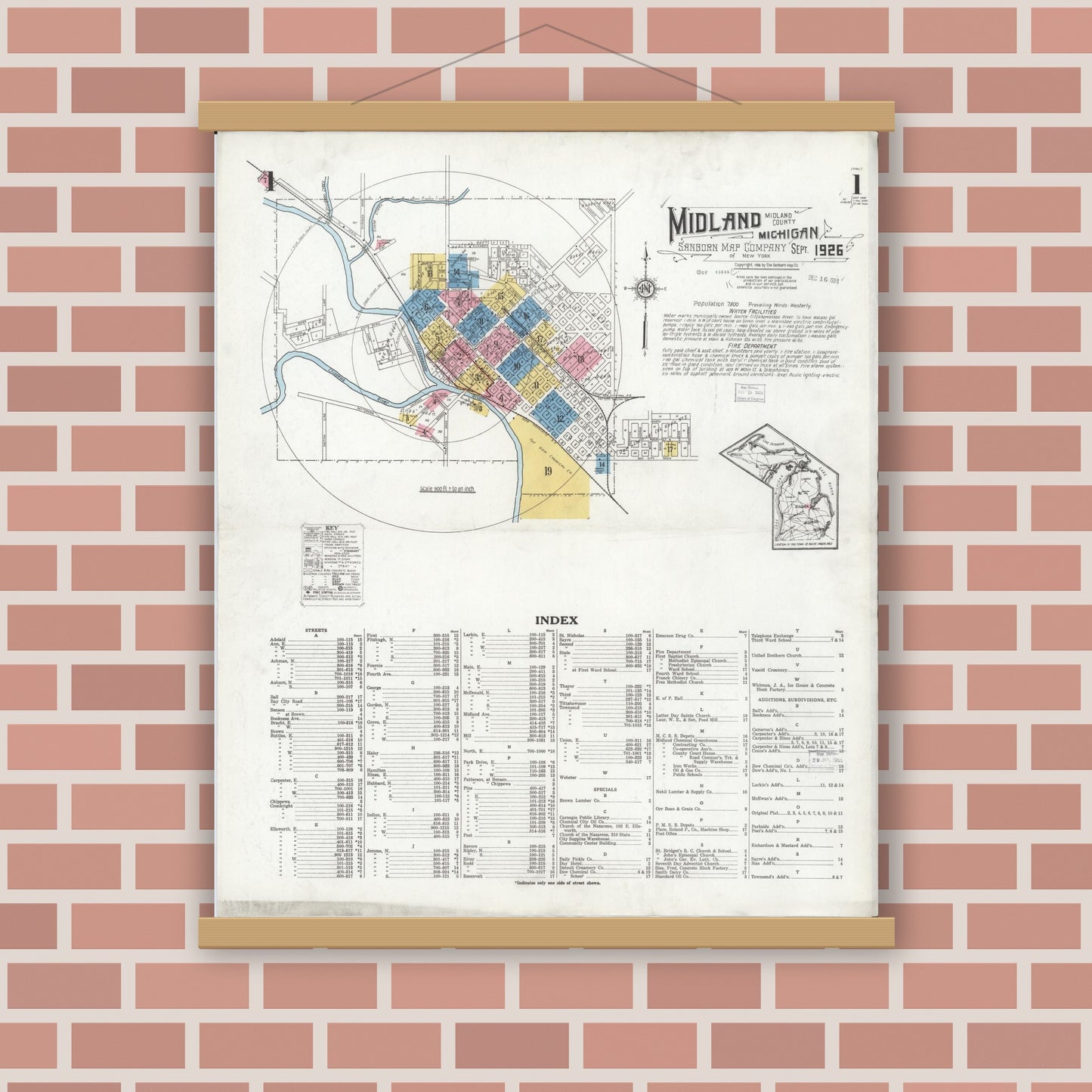 Old map wall art mockup — magnetic wood frame on brick wall — Sanborn Fire Insurance Map from Midland, Midland County, Michigan (1926) - Complete Map Set
