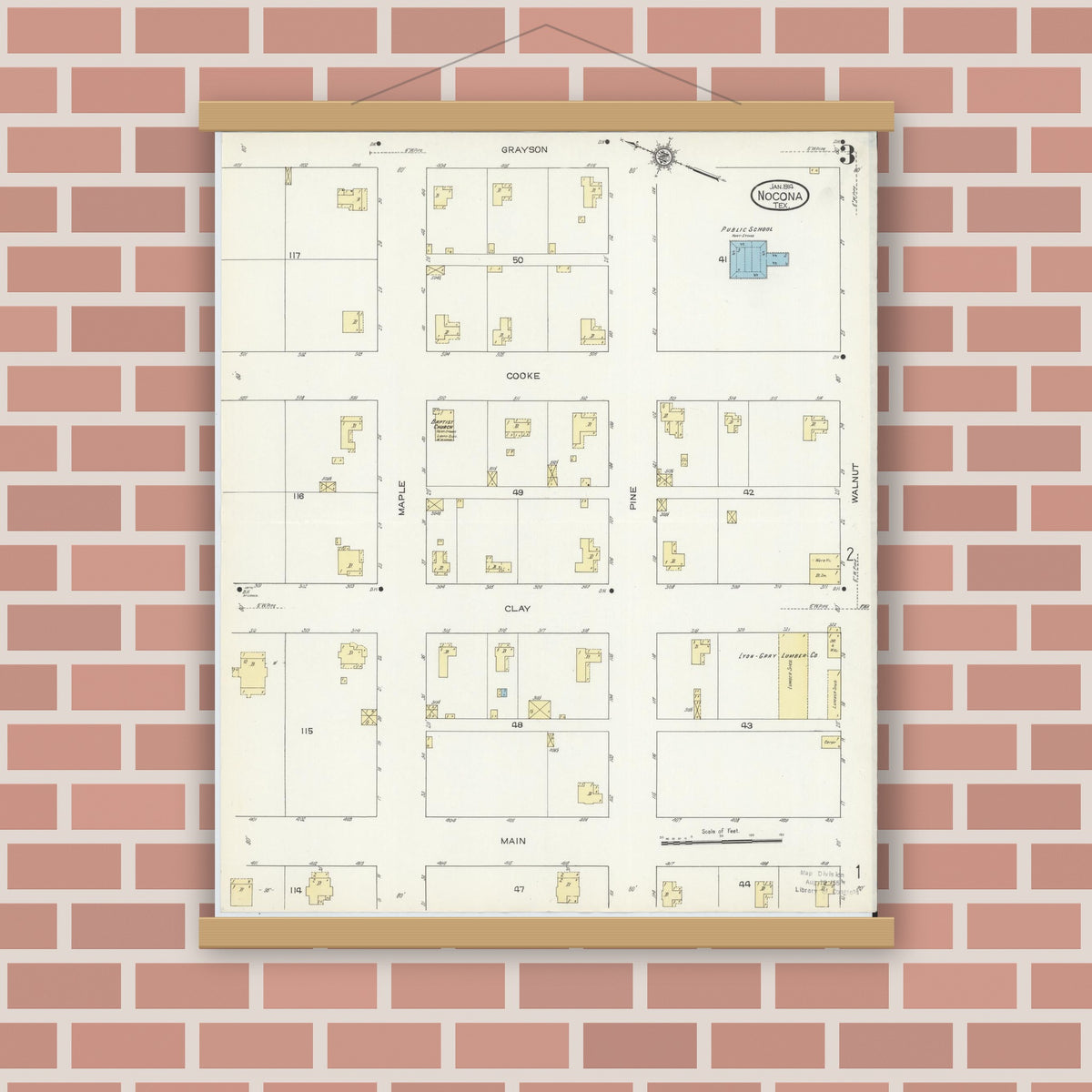 Old map wall art mockup — magnetic wood frame on brick wall — Sanborn Fire Insurance Map from Nocona, Montague County, Texas (1914), Sheet #0003