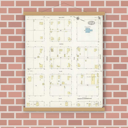 Old map wall art mockup — magnetic wood frame on brick wall — Sanborn Fire Insurance Map from Nocona, Montague County, Texas (1914), Sheet #0003