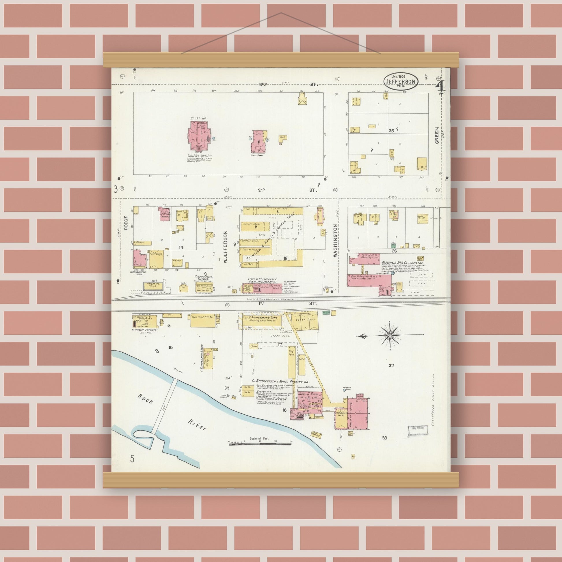 Old map wall art mockup — magnetic wood frame on brick wall — Sanborn Fire Insurance Map from Jefferson, Jefferson County, Wisconsin (1904), Sheet #0004