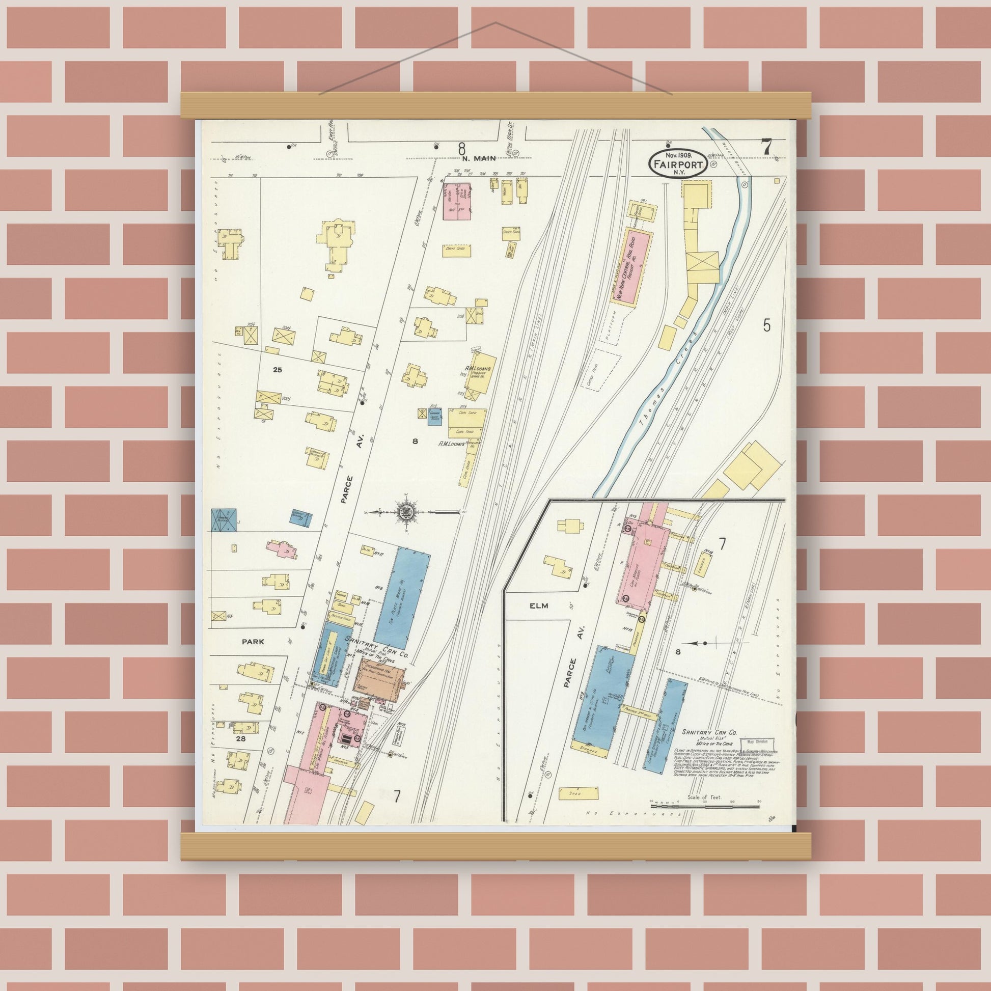 Old map wall art mockup — magnetic wood frame on brick wall — Sanborn Fire Insurance Map from Fairport, Monroe County, New York (1909), Sheet #0007