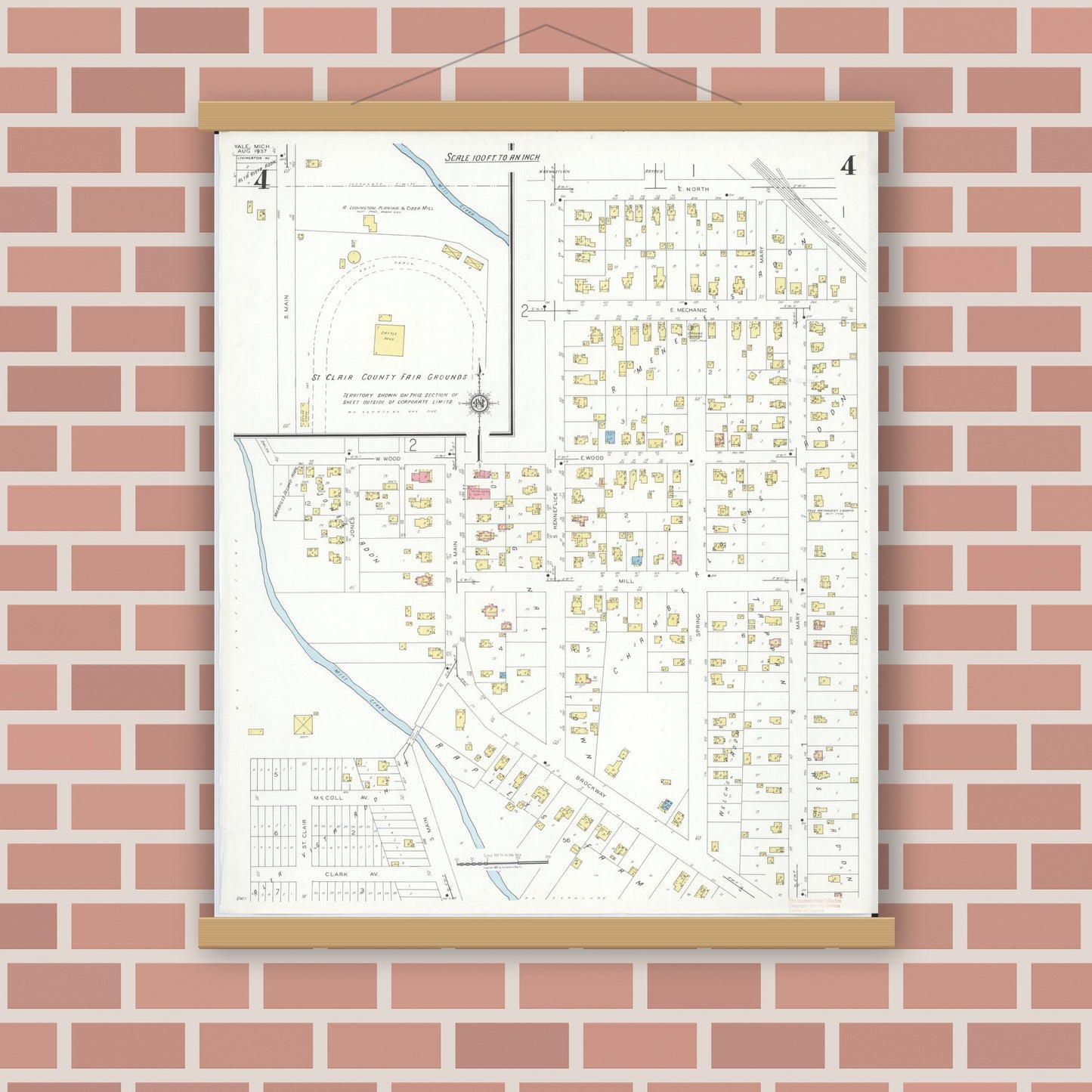 Old map wall art mockup — magnetic wood frame on brick wall — Sanborn Fire Insurance Map from Yale, Saint Clair County, Michigan (1937), Sheet #0004