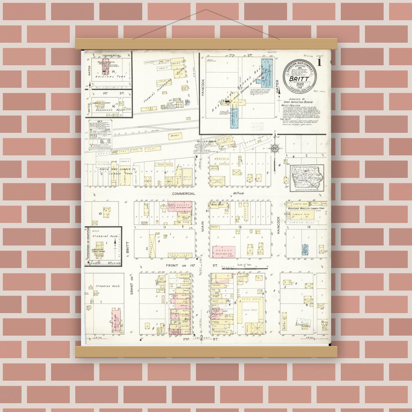 Old map wall art mockup — magnetic wood frame on brick wall — Sanborn Fire Insurance Map from Britt, Hancock County, Iowa (1914) â€” Complete Set