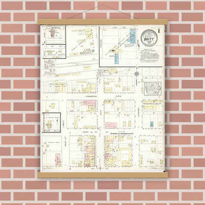 Old map wall art mockup — magnetic wood frame on brick wall — Sanborn Fire Insurance Map from Britt, Hancock County, Iowa (1914) â€” Complete Set