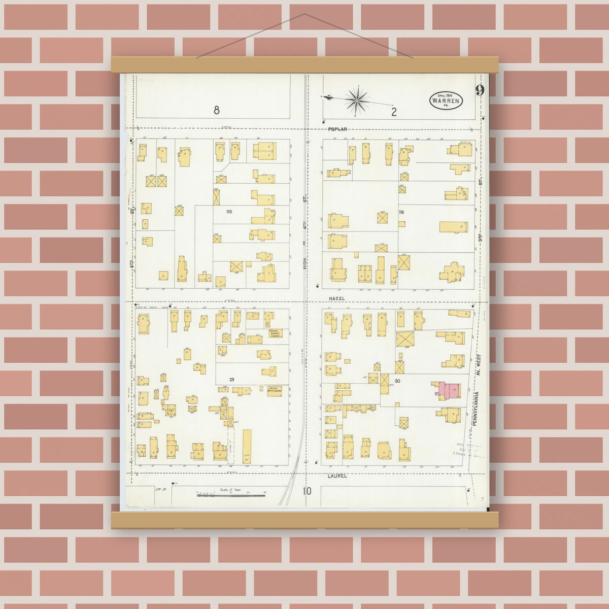 Old map wall art mockup — magnetic wood frame on brick wall — Sanborn Fire Insurance Map from Warren, Warren County, Pennsylvania (1904), Sheet #0009