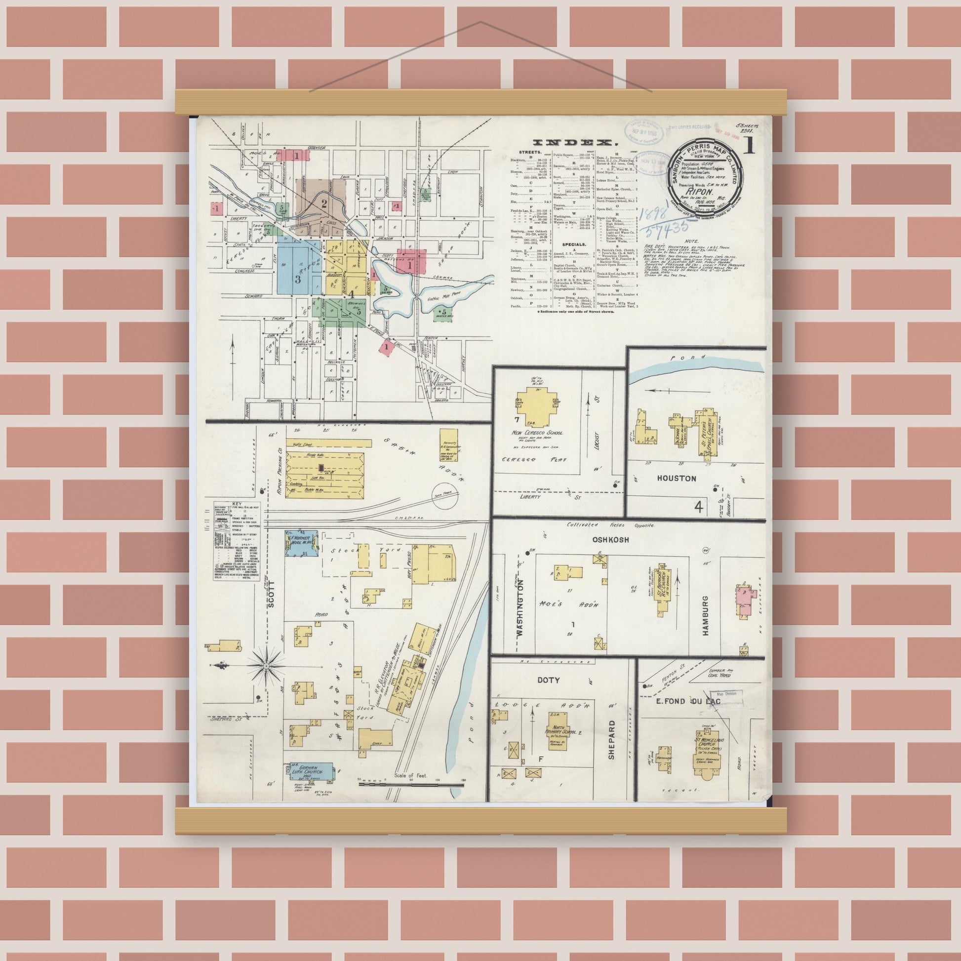 Old map wall art mockup — magnetic wood frame on brick wall — Sanborn Fire Insurance Map from Ripon, Fond du Lac County, Wisconsin (1898) - Complete Map Set
