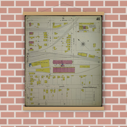 Old map wall art mockup — magnetic wood frame on brick wall — Sanborn Fire Insurance Map from Madison, Dane County, Wisconsin (1908), Sheet #0046
