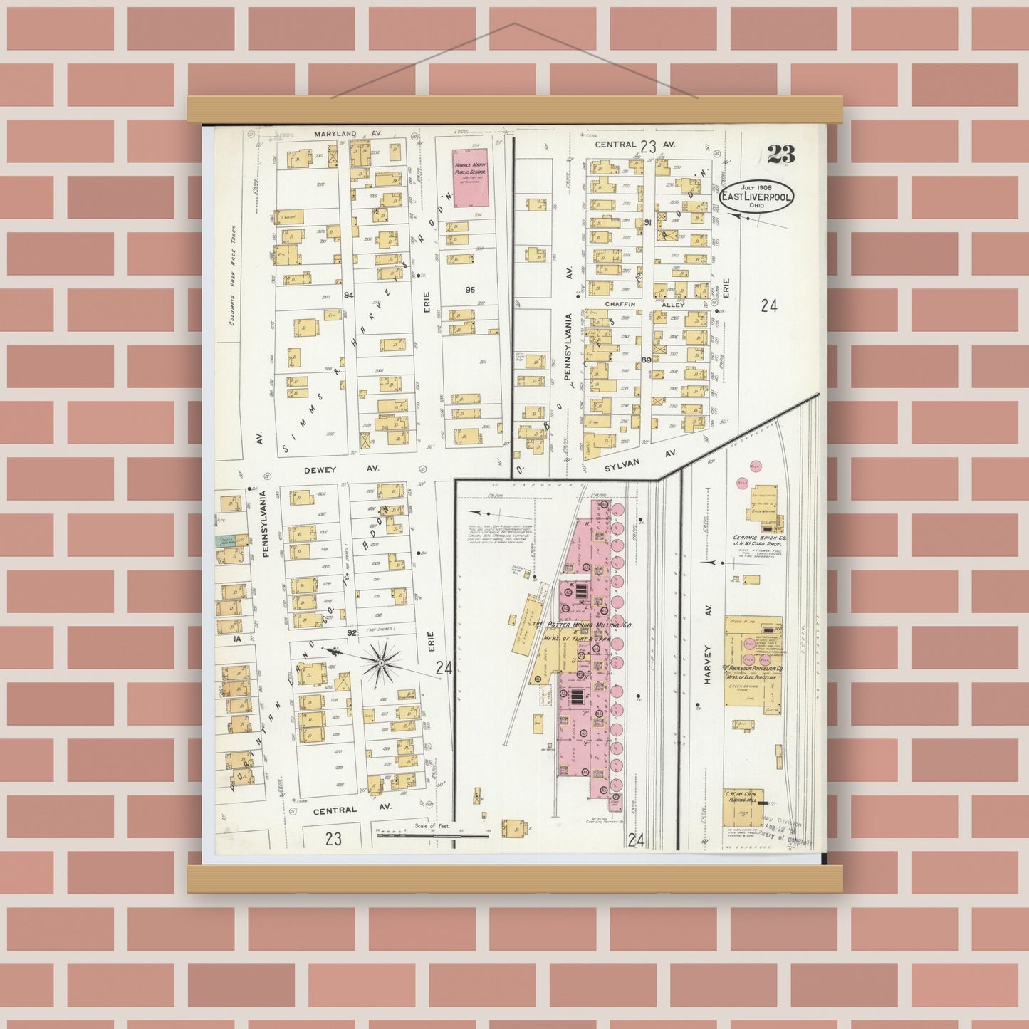 Old map wall art mockup — magnetic wood frame on brick wall — Sanborn Fire Insurance Map from East Liverpool, Columbiana County, Ohio (1908), Sheet #0023