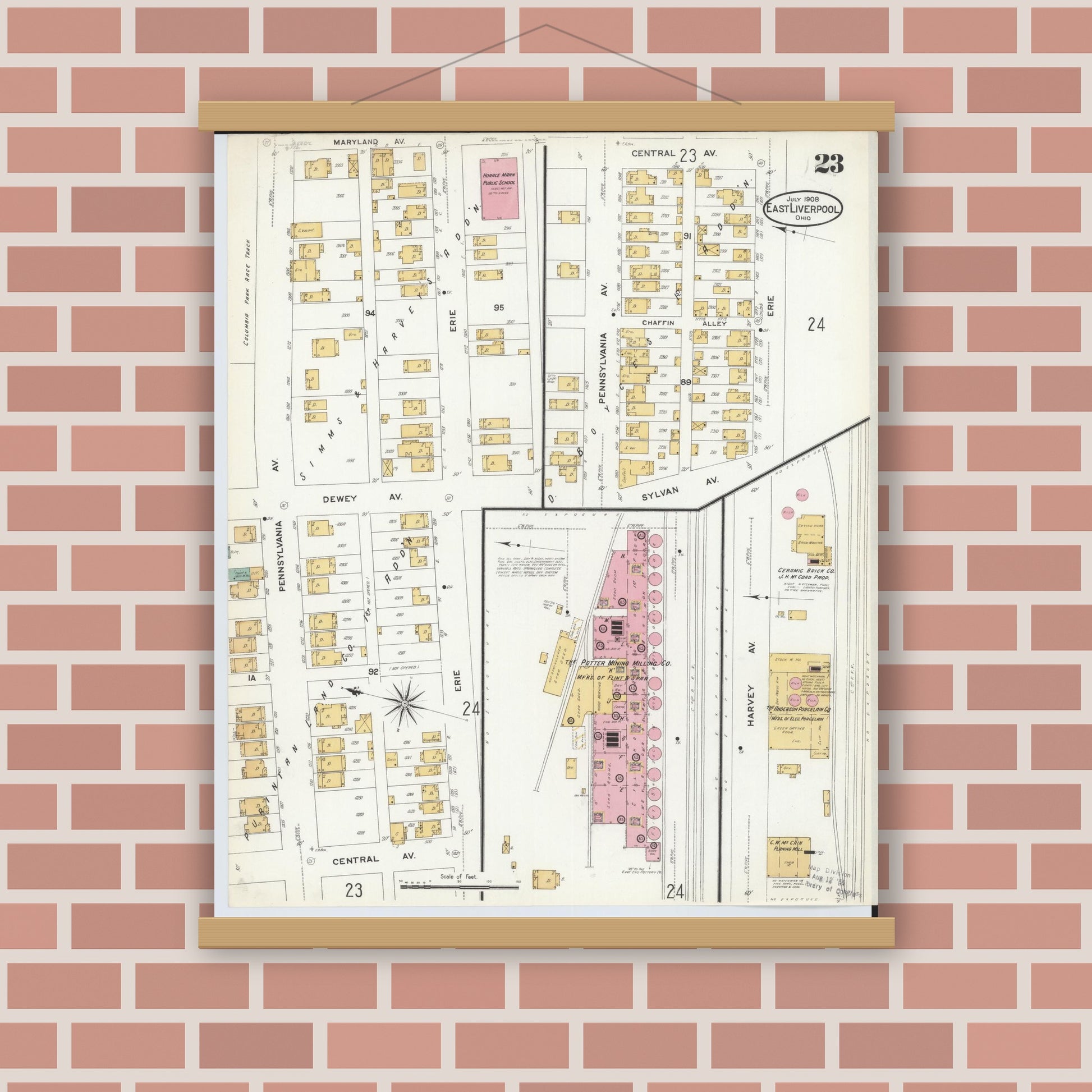 Old map wall art mockup — magnetic wood frame on brick wall — Sanborn Fire Insurance Map from East Liverpool, Columbiana County, Ohio (1908), Sheet #0023