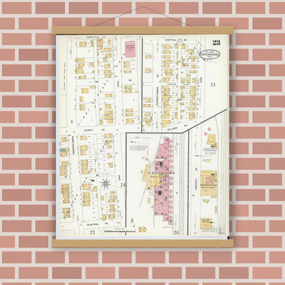 Old map wall art mockup — magnetic wood frame on brick wall — Sanborn Fire Insurance Map from East Liverpool, Columbiana County, Ohio (1908), Sheet #0023