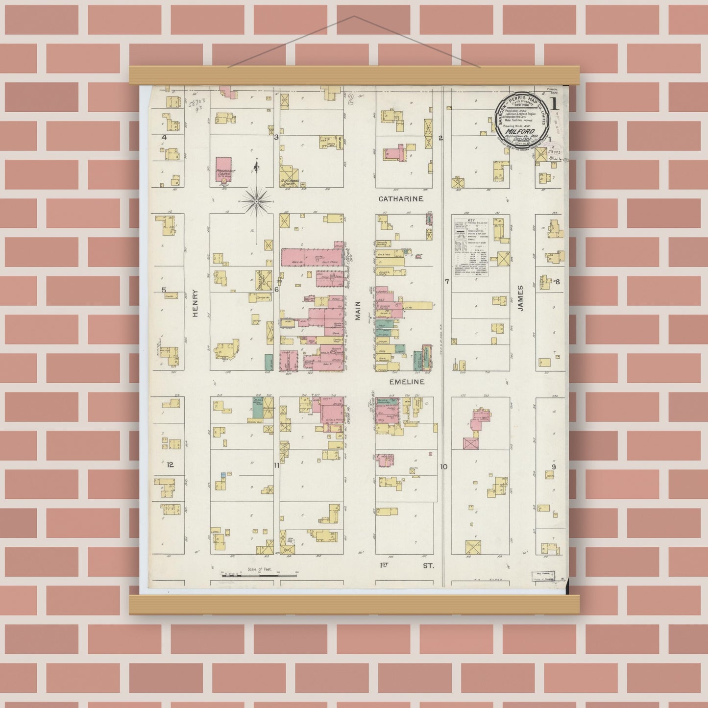 Old map wall art mockup — magnetic wood frame on brick wall — Sanborn Fire Insurance Map from Milford, Kosciusko County, Indiana (1893) - Complete Map Set