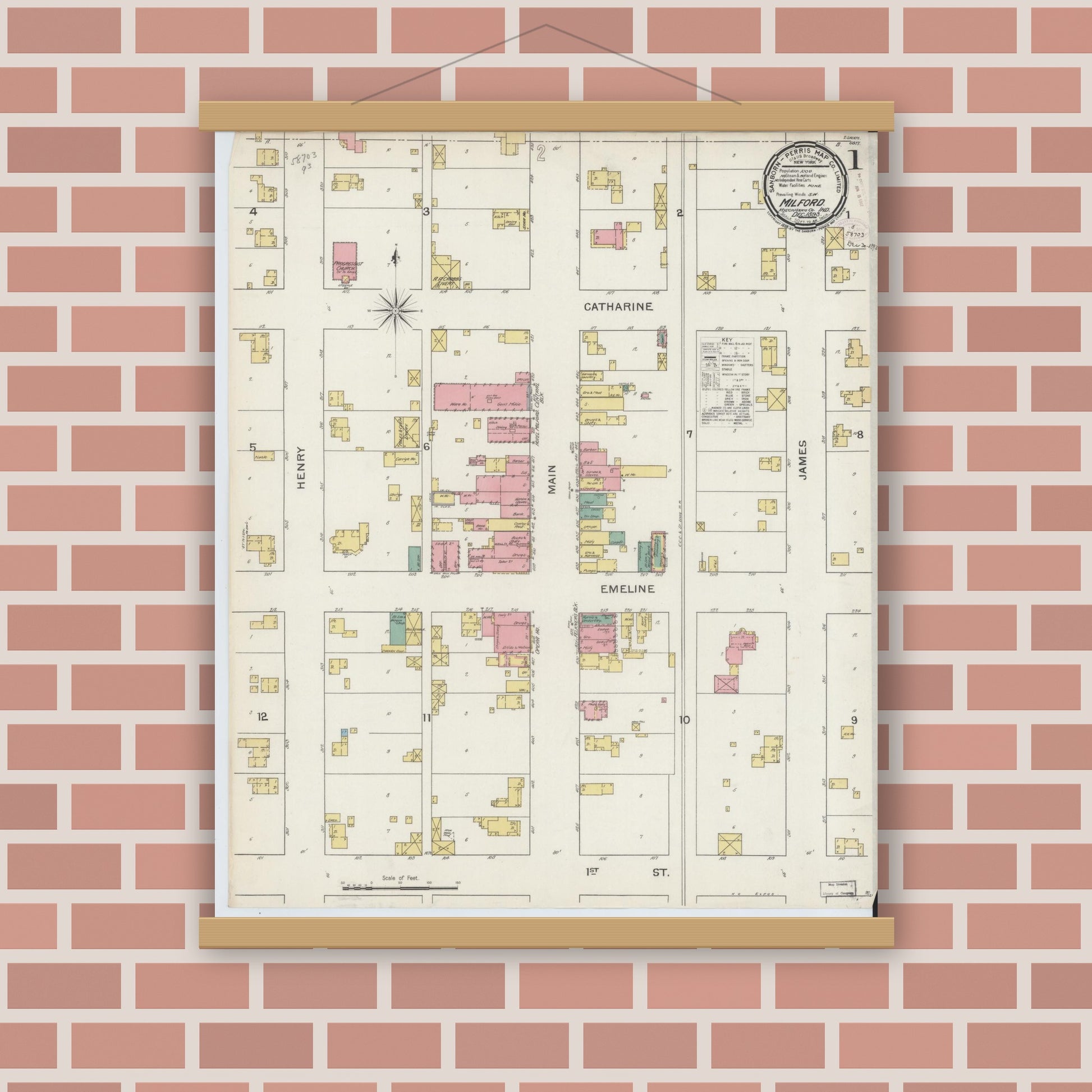 Old map wall art mockup — magnetic wood frame on brick wall — Sanborn Fire Insurance Map from Milford, Kosciusko County, Indiana (1893) - Complete Map Set