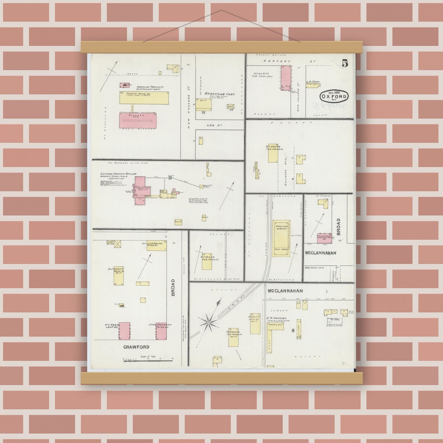 Old map wall art mockup — magnetic wood frame on brick wall — Sanborn Fire Insurance Map from Oxford, Granville County, North Carolina (1892), Sheet #0005