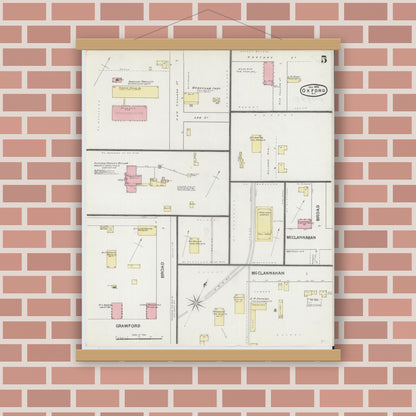 Old map wall art mockup — magnetic wood frame on brick wall — Sanborn Fire Insurance Map from Oxford, Granville County, North Carolina (1892), Sheet #0005