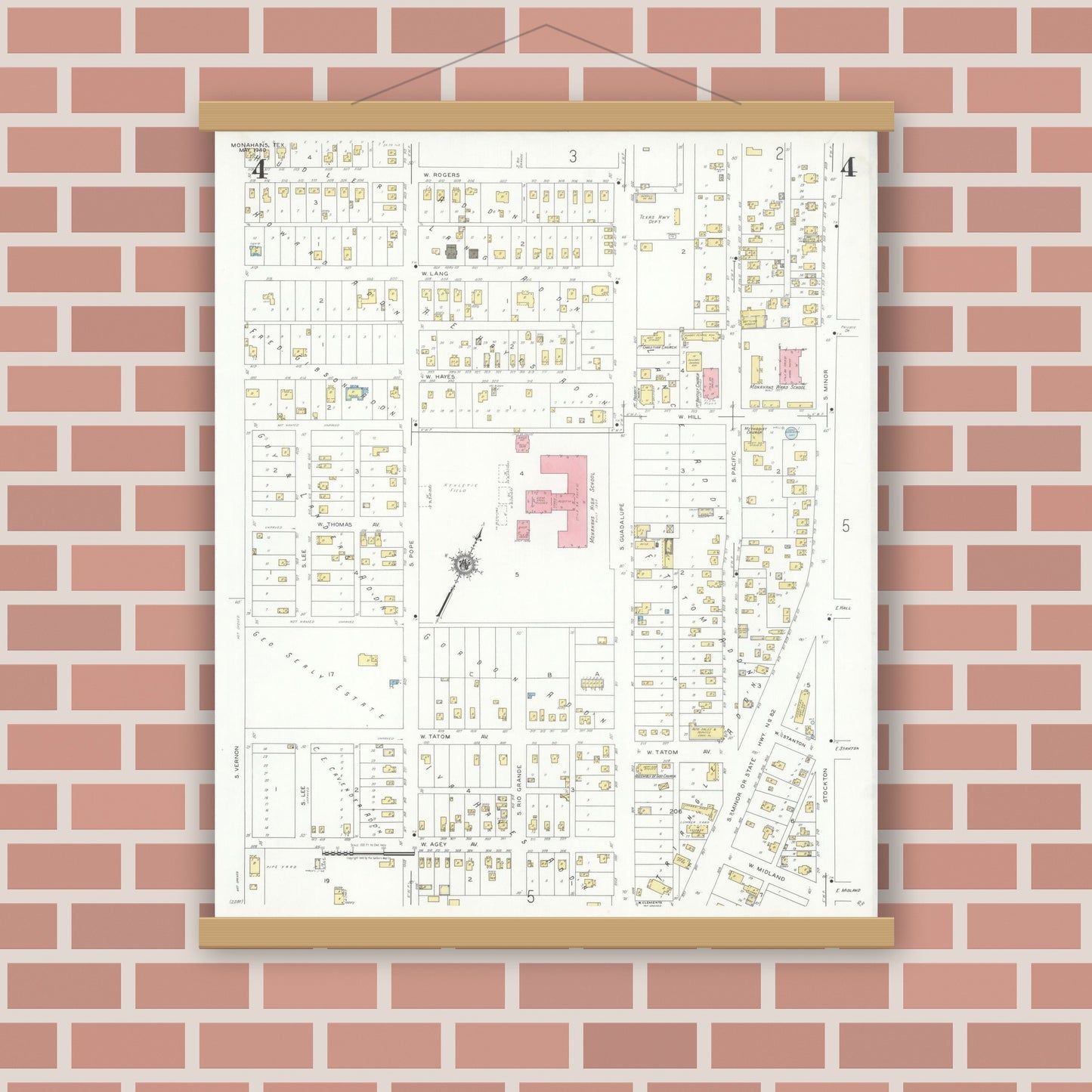 Old map wall art mockup — magnetic wood frame on brick wall — Sanborn Fire Insurance Map from Monahans, Ward County, Texas (1940), Sheet #0004