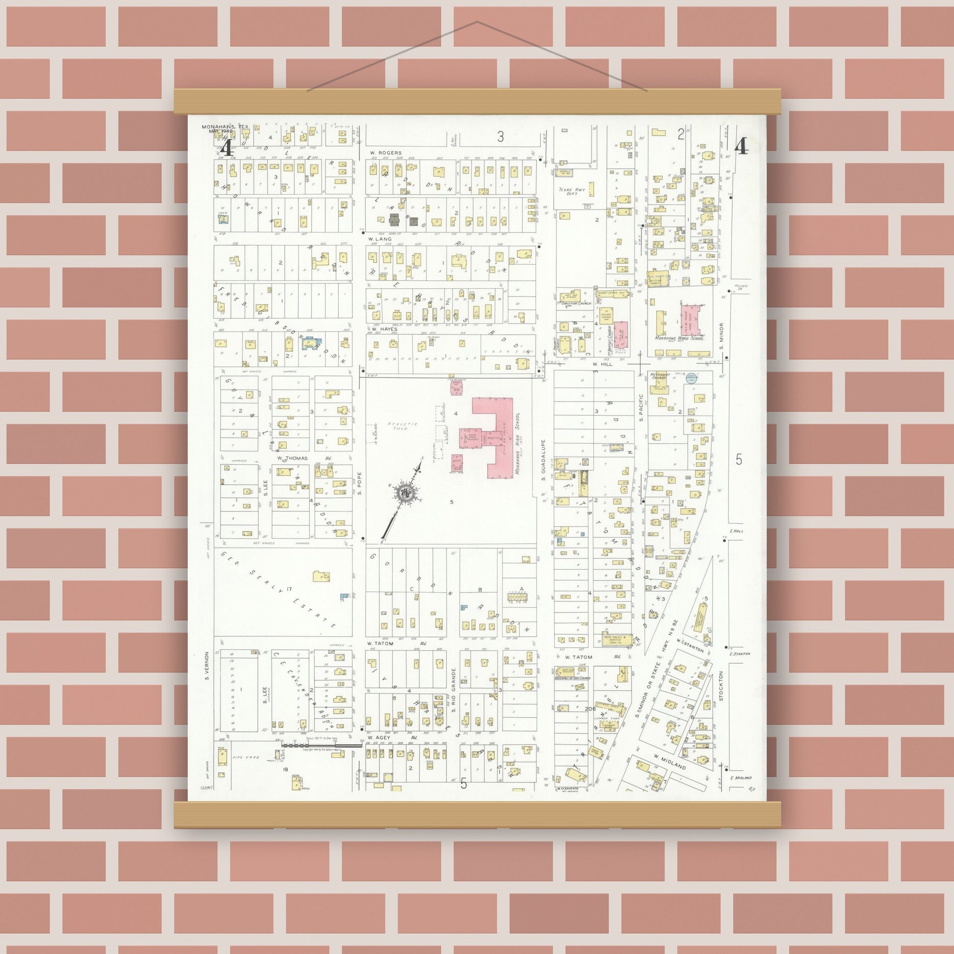 Old map wall art mockup — magnetic wood frame on brick wall — Sanborn Fire Insurance Map from Monahans, Ward County, Texas (1940), Sheet #0004