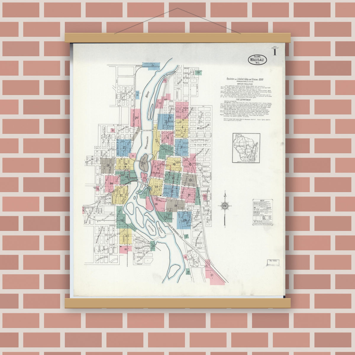 Old map wall art mockup — magnetic wood frame on brick wall — Sanborn Fire Insurance Map from Wausau, Marathon County, Wisconsin (1912) - Complete Map Set