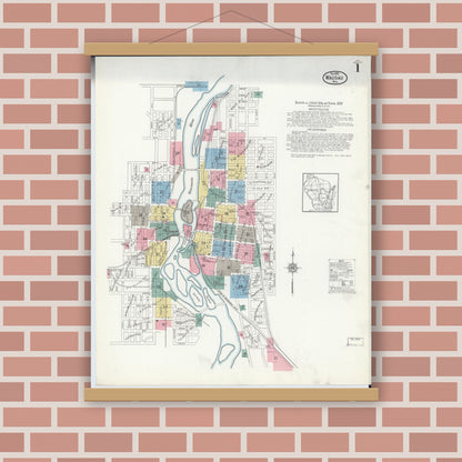Old map wall art mockup — magnetic wood frame on brick wall — Sanborn Fire Insurance Map from Wausau, Marathon County, Wisconsin (1912) - Complete Map Set