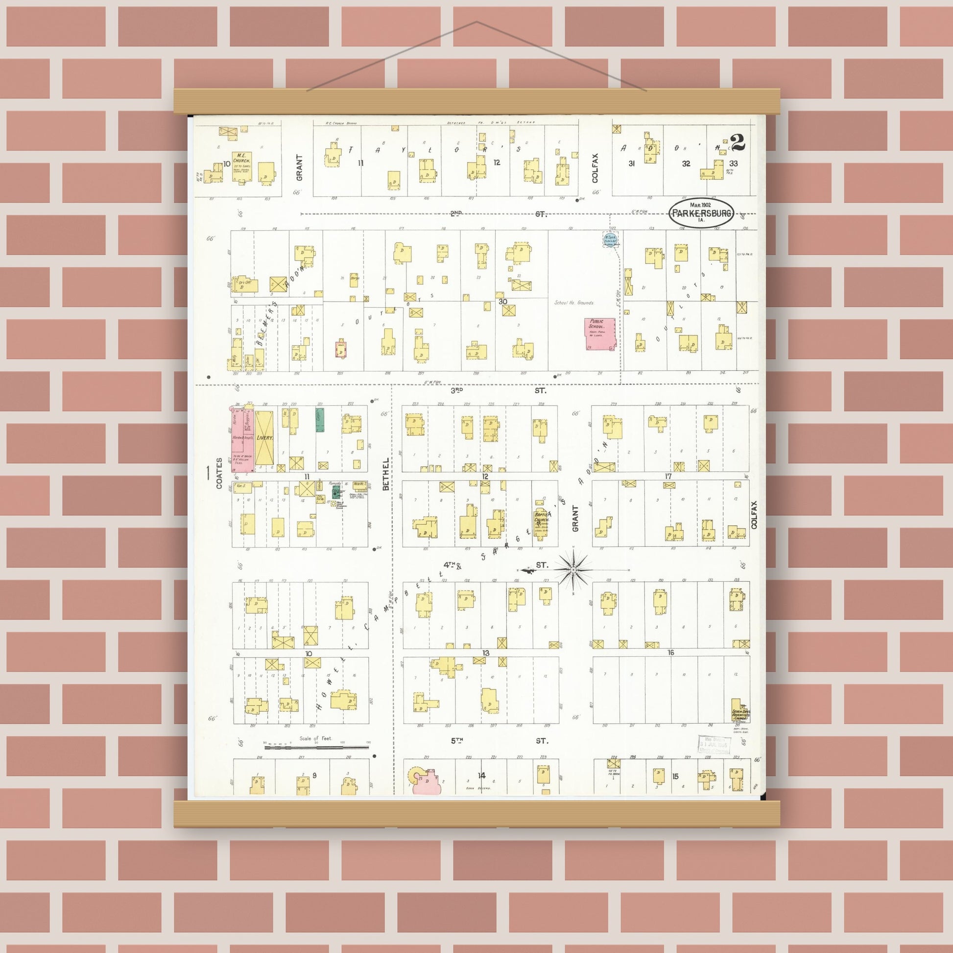 Old map wall art mockup — magnetic wood frame on brick wall — Sanborn Fire Insurance Map from Parkersburg, Butler County, Iowa (1902), Sheet #0002