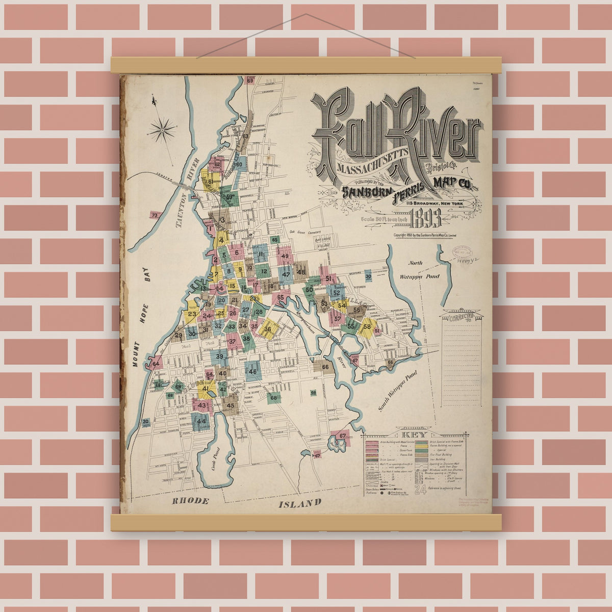 Old map wall art mockup — magnetic wood frame on brick wall — Sanborn Fire Insurance Map from Fall River, Bristol County, Massachusetts (1893), Sheet #0001