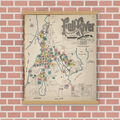 Old map wall art mockup — magnetic wood frame on brick wall — Sanborn Fire Insurance Map from Fall River, Bristol County, Massachusetts (1893), Sheet #0001