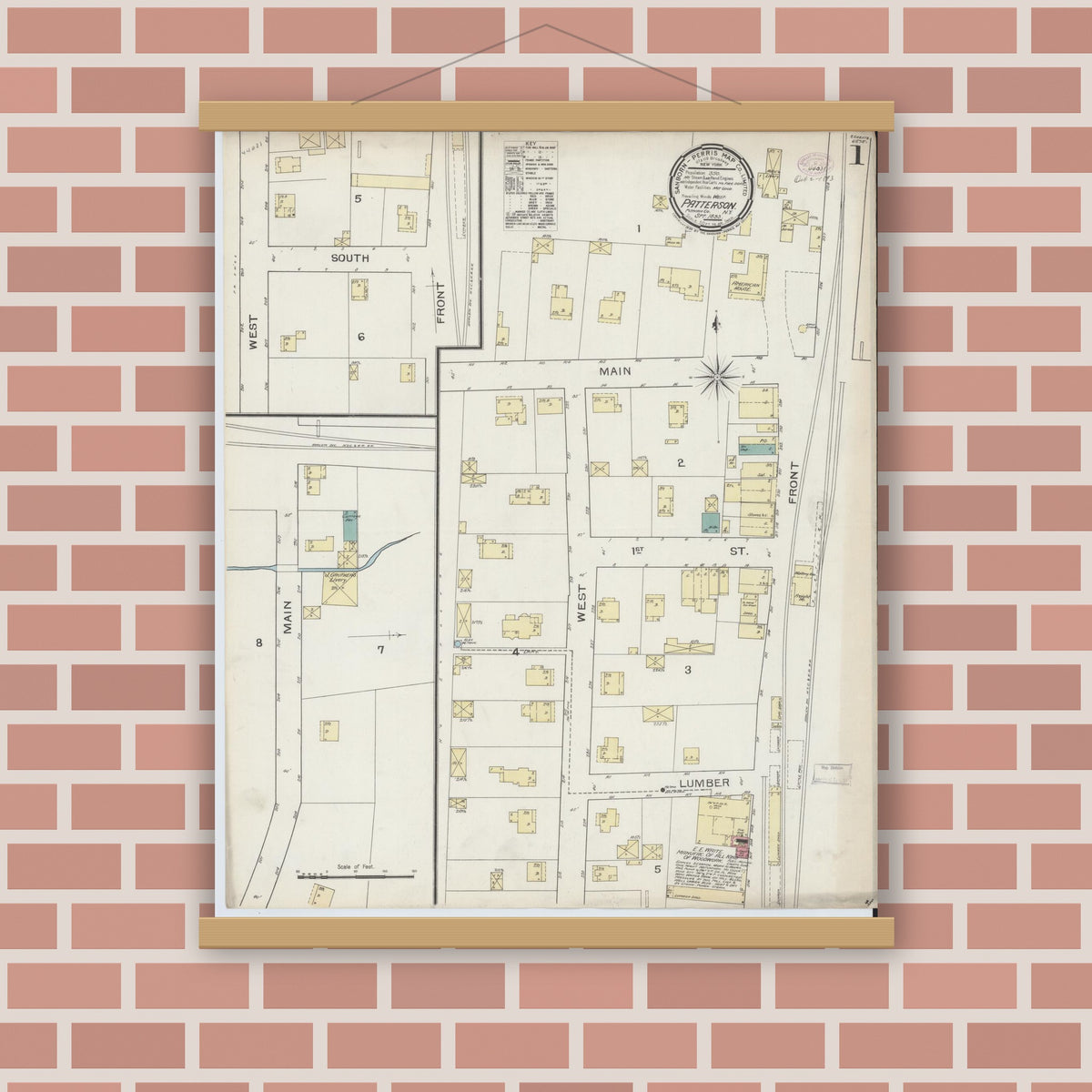 Old map wall art mockup — magnetic wood frame on brick wall — Sanborn Fire Insurance Map from Patterson, Putnam County, New York (1893) - Complete Map Set