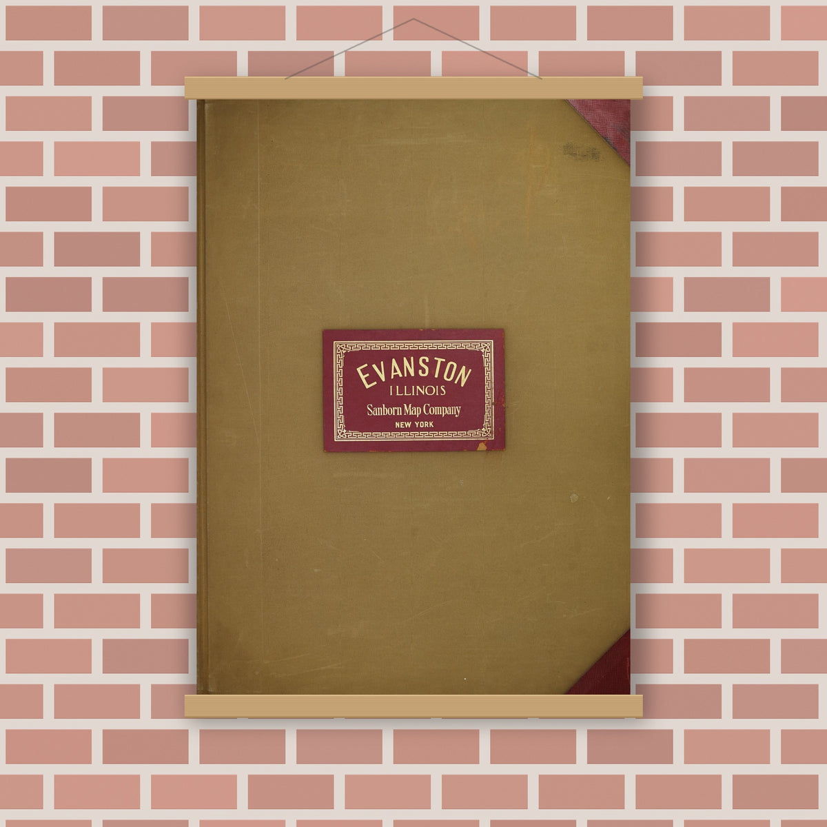 Old map wall art mockup — magnetic wood frame on brick wall — Sanborn Fire Insurance Map from Evanston, Cook County, Illinois (1950), Sheet #0001