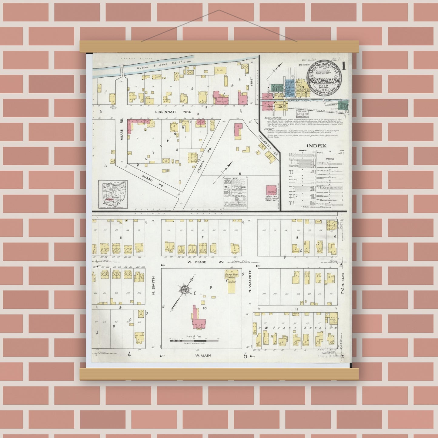 Old map wall art mockup — magnetic wood frame on brick wall — Sanborn Fire Insurance Map from West Carrollton, Montgomery County, Ohio (1918) - Complete Map Set