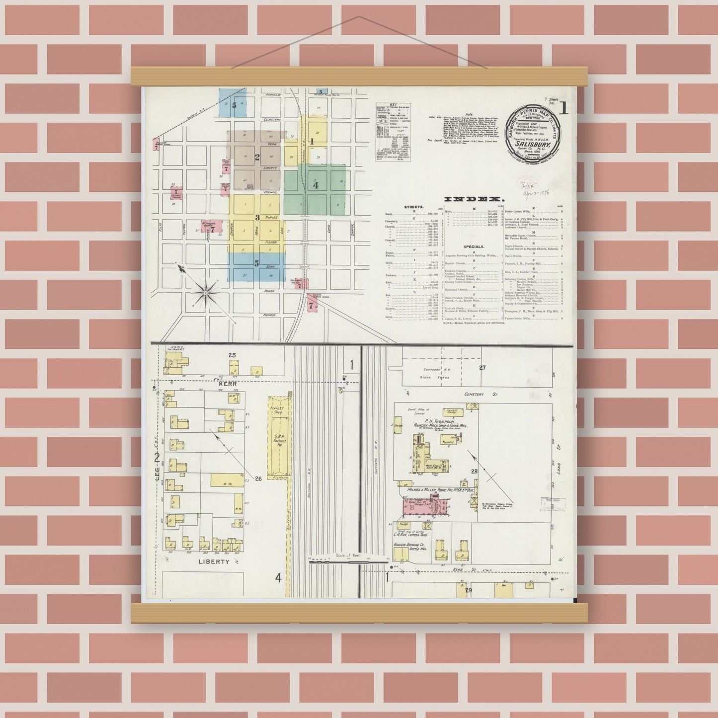 Old map wall art mockup — magnetic wood frame on brick wall — Sanborn Fire Insurance Map from Salisbury, Rowan County, North Carolina (1896) - Complete Map Set