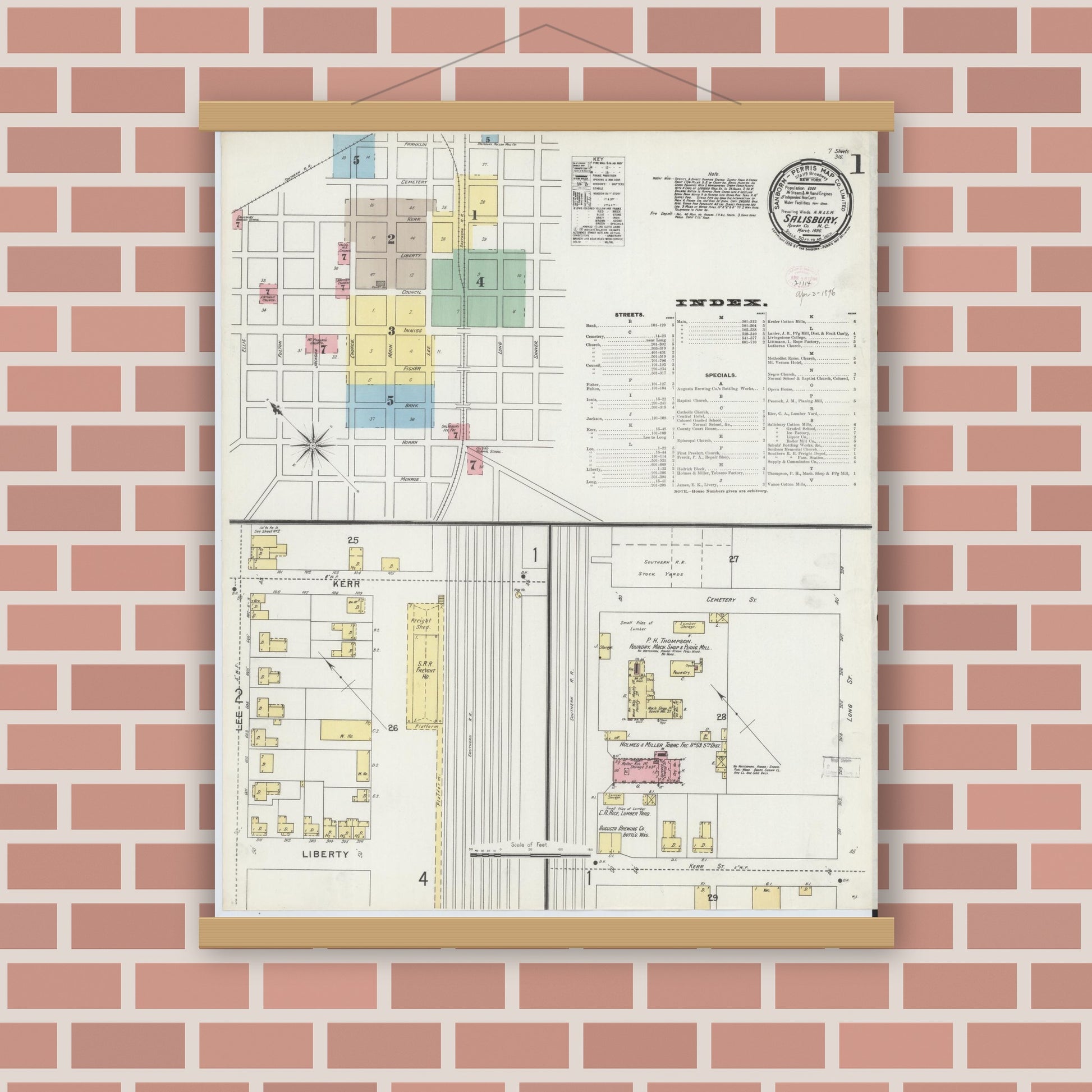 Old map wall art mockup — magnetic wood frame on brick wall — Sanborn Fire Insurance Map from Salisbury, Rowan County, North Carolina (1896) - Complete Map Set