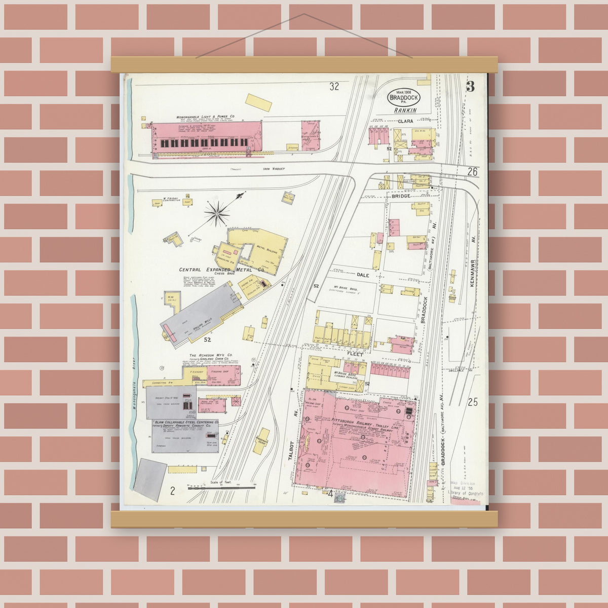 Old map wall art mockup — magnetic wood frame on brick wall — Sanborn Fire Insurance Map from Braddock, Allegheny County, Pennsylvania (1908), Sheet #0003