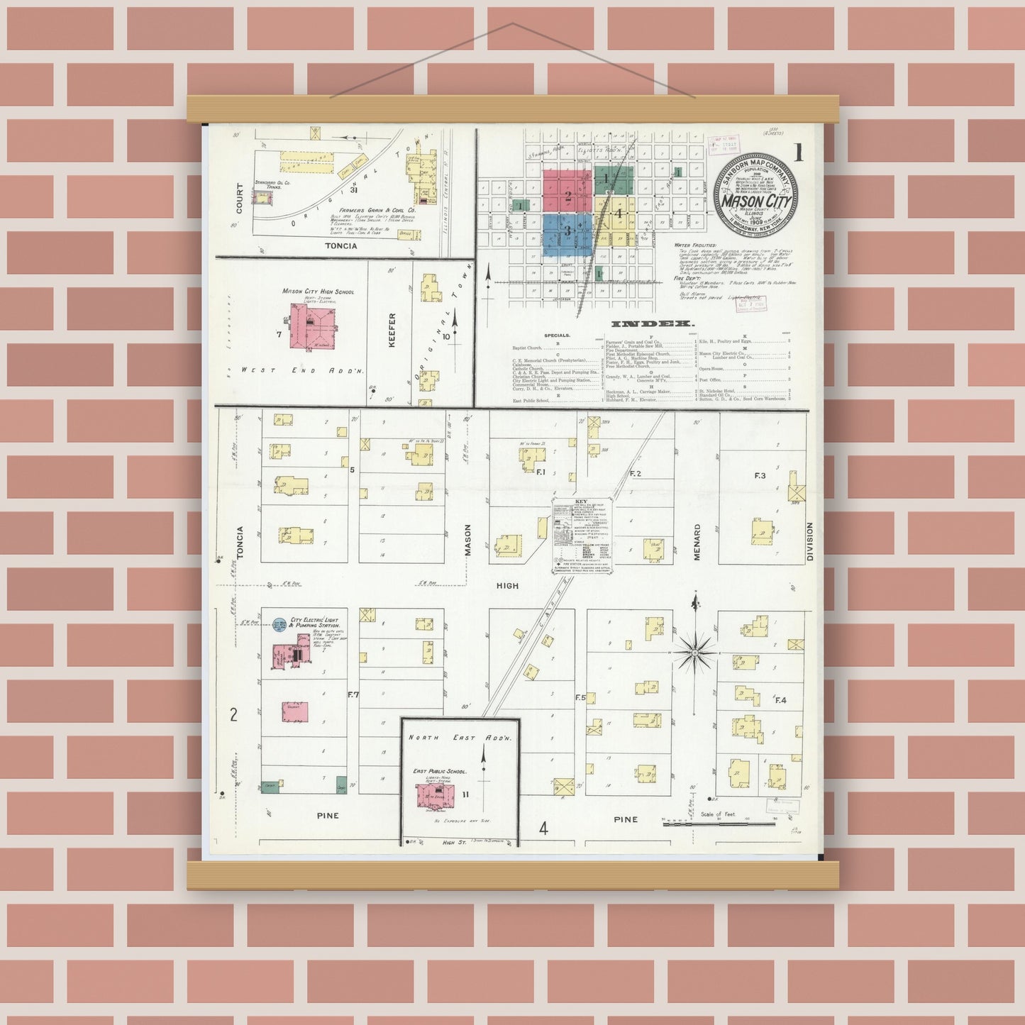 Old map wall art mockup — magnetic wood frame on brick wall — Sanborn Fire Insurance Map from Mason City, Mason County, Illinois (1909) - Complete Map Set