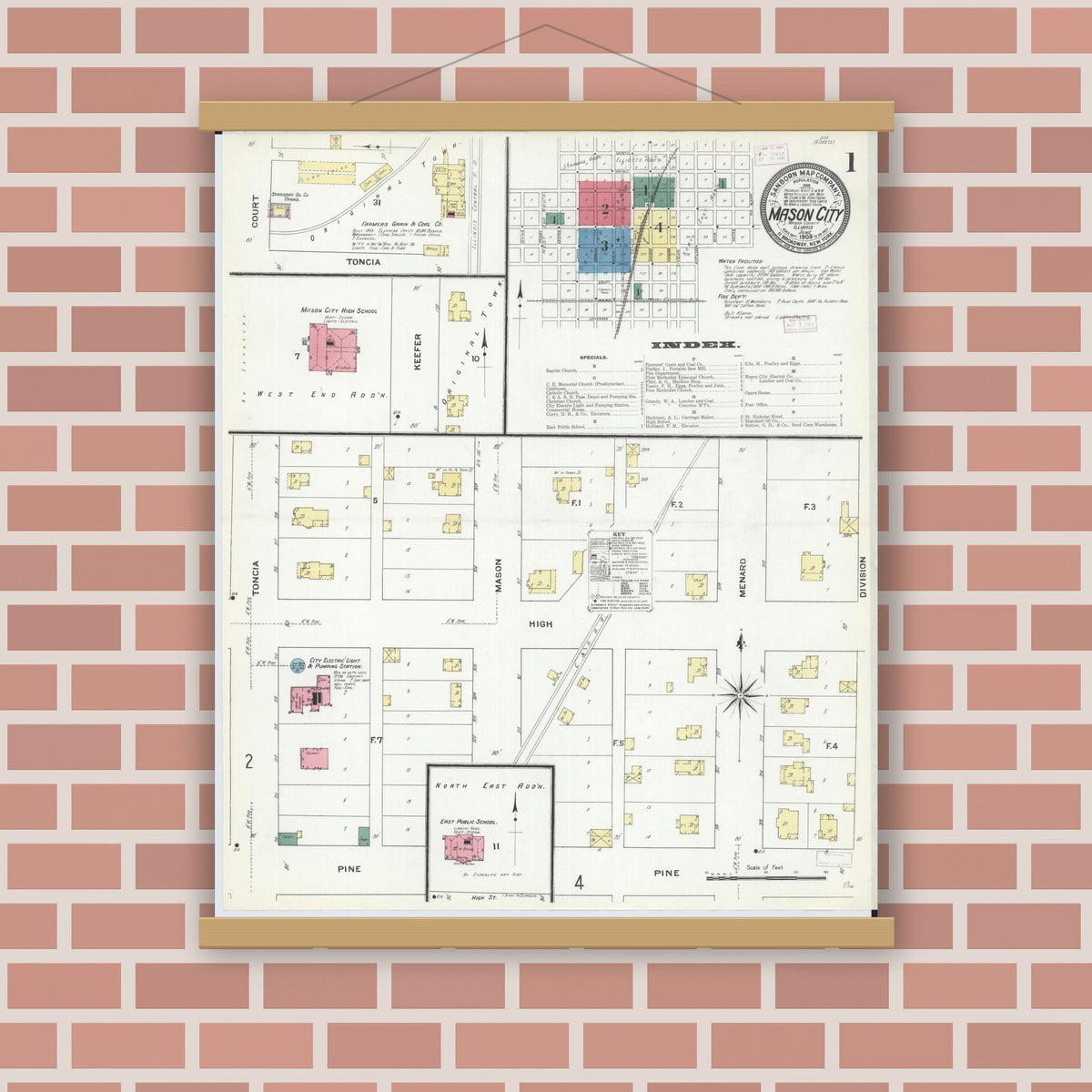 Old map wall art mockup — magnetic wood frame on brick wall — Sanborn Fire Insurance Map from Mason City, Mason County, Illinois (1909) - Complete Map Set