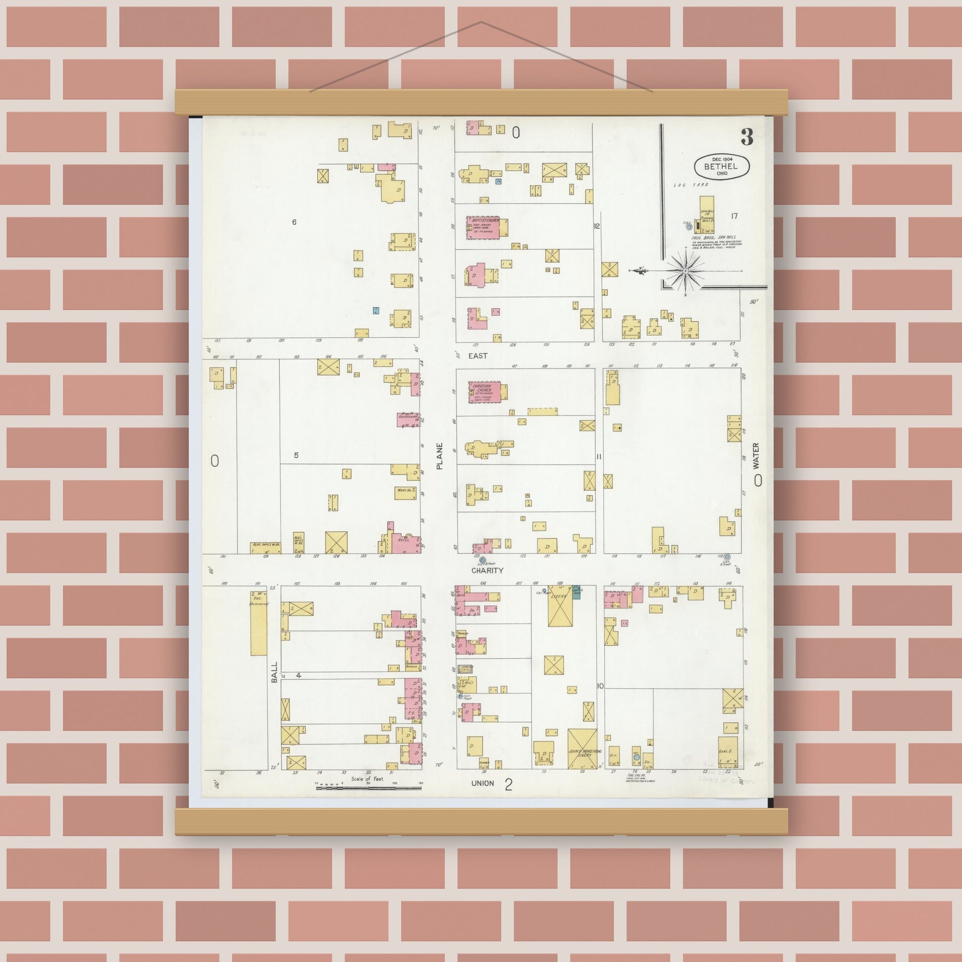 Old map wall art mockup — magnetic wood frame on brick wall — Sanborn Fire Insurance Map from Bethel, Clermont County, Ohio (1904), Sheet #0003