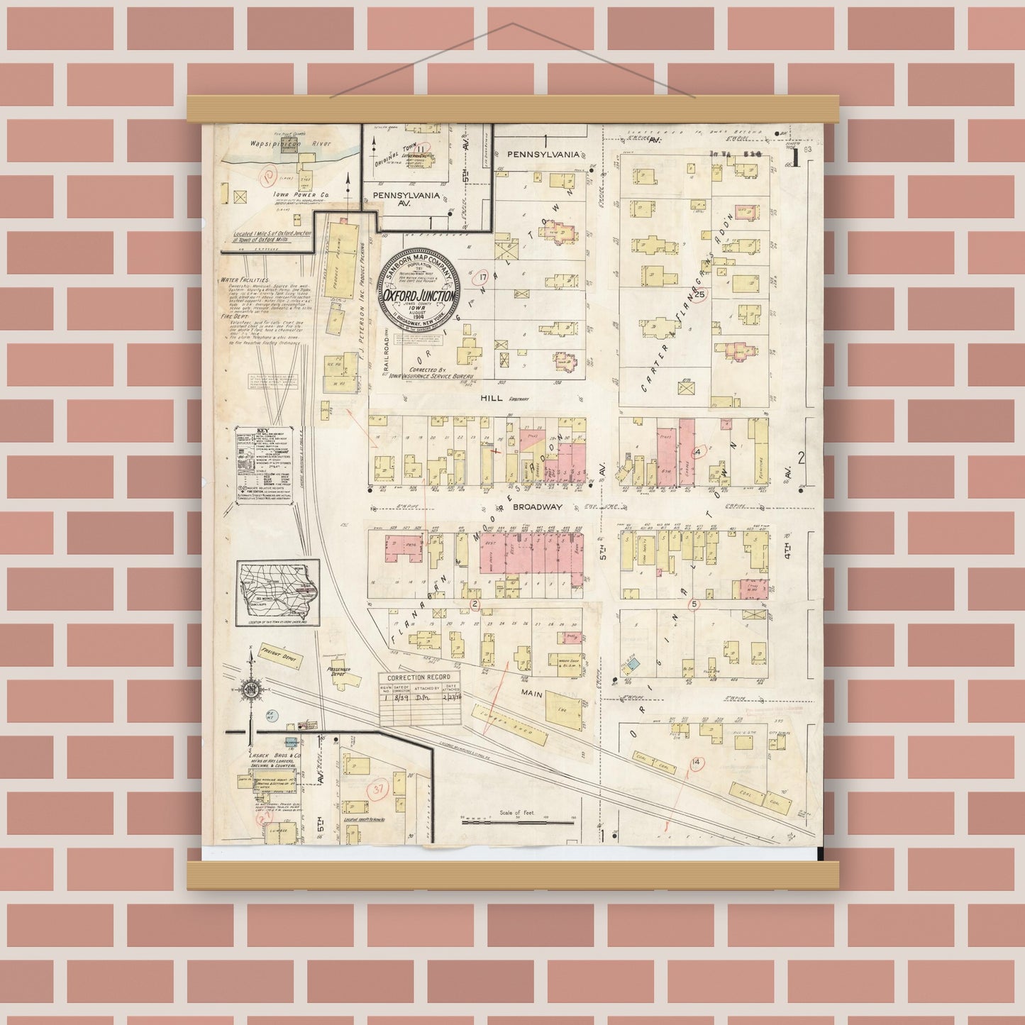 Old map wall art mockup — magnetic wood frame on brick wall — Sanborn Fire Insurance Map from Oxford Junction, Jones County, Iowa (1939), Sheet #0001