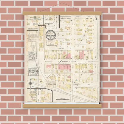 Old map wall art mockup — magnetic wood frame on brick wall — Sanborn Fire Insurance Map from Oxford Junction, Jones County, Iowa (1939), Sheet #0001
