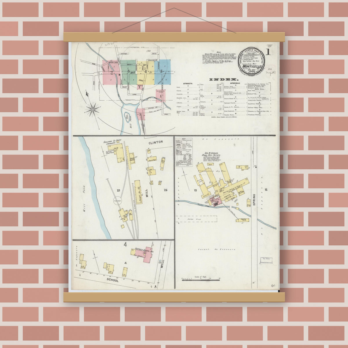 Old map wall art mockup — magnetic wood frame on brick wall — Sanborn Fire Insurance Map from Monticello, Sullivan County, New York (1897), Sheet #0001
