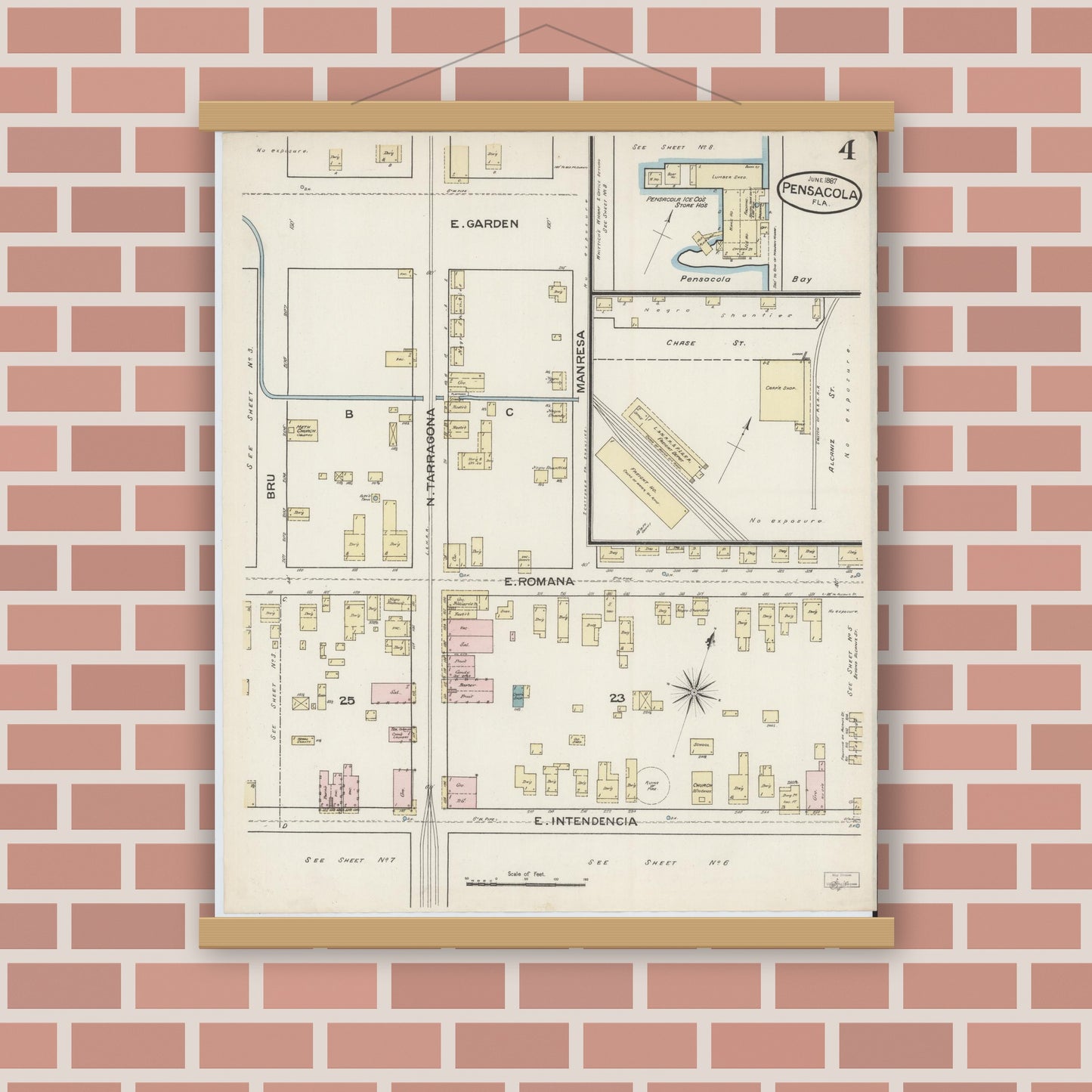 Old map wall art mockup — magnetic wood frame on brick wall — Sanborn Fire Insurance Map from Pensacola, Escambia County, Florida (1887), Sheet #0004