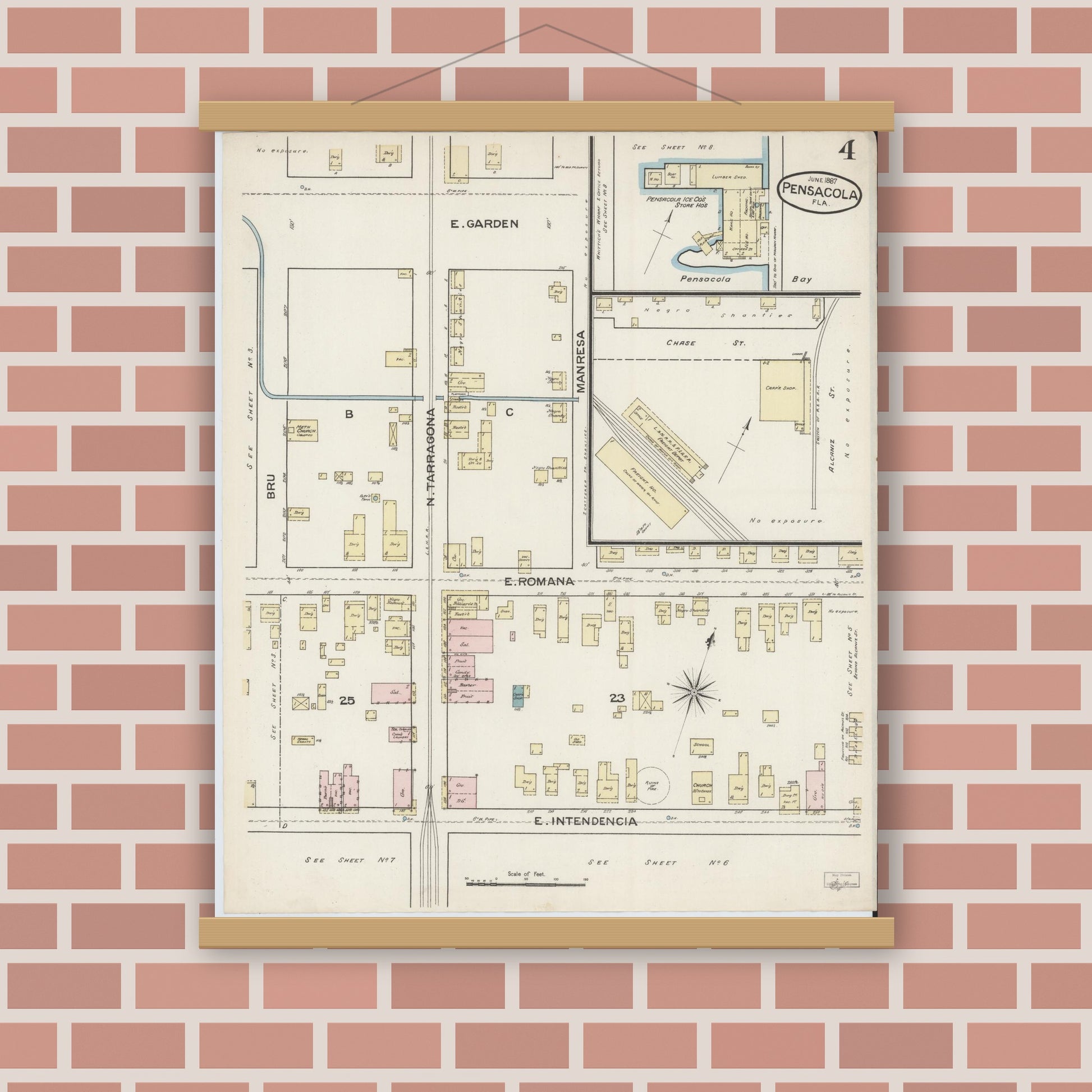 Old map wall art mockup — magnetic wood frame on brick wall — Sanborn Fire Insurance Map from Pensacola, Escambia County, Florida (1887), Sheet #0004