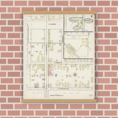 Old map wall art mockup — magnetic wood frame on brick wall — Sanborn Fire Insurance Map from Pensacola, Escambia County, Florida (1887), Sheet #0004