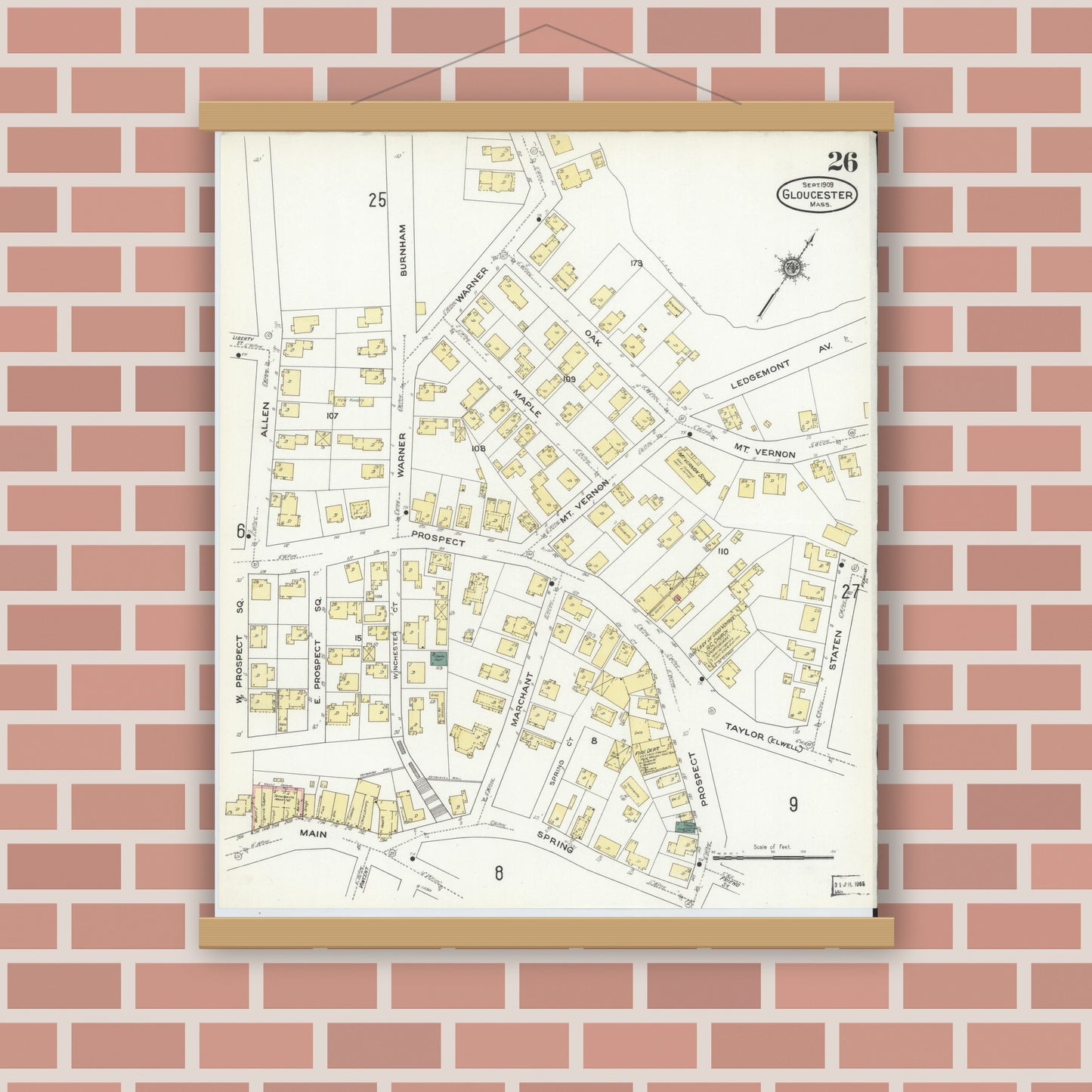 Old map wall art mockup — magnetic wood frame on brick wall — Sanborn Fire Insurance Map from Gloucester, Essex County, Massachusetts (1909), Sheet #0026
