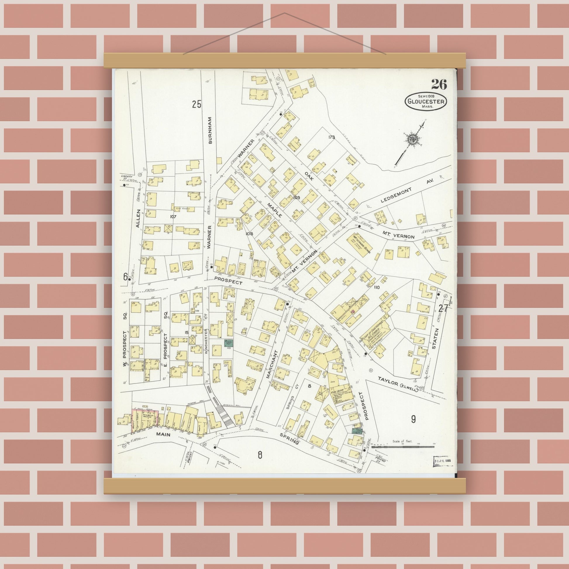 Old map wall art mockup — magnetic wood frame on brick wall — Sanborn Fire Insurance Map from Gloucester, Essex County, Massachusetts (1909), Sheet #0026