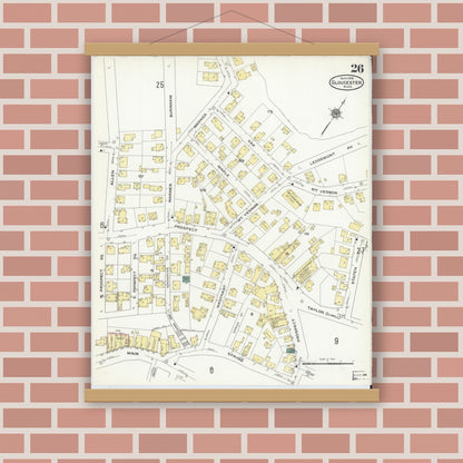 Old map wall art mockup — magnetic wood frame on brick wall — Sanborn Fire Insurance Map from Gloucester, Essex County, Massachusetts (1909), Sheet #0026